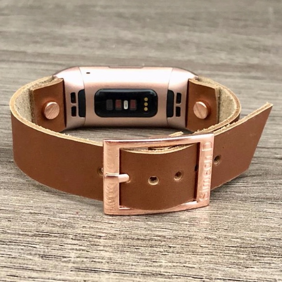 Light Brown Leather Band Rose Gold Fitbit Charge 3 - Picture 3 of 8